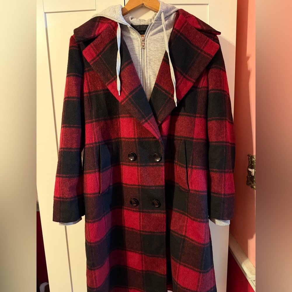 Kendall and Kylie buffalo plaid double breasted wool coat with attached hoodie